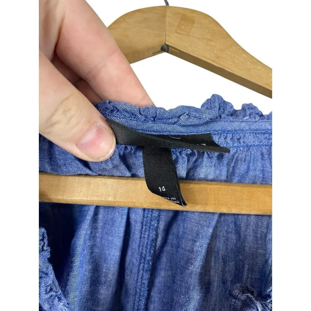 Lane Bryant Top 14 XL Button Up Chambray Tie Front Blue Pin Up Preppy Linen Blnd - Picture 8 of 9